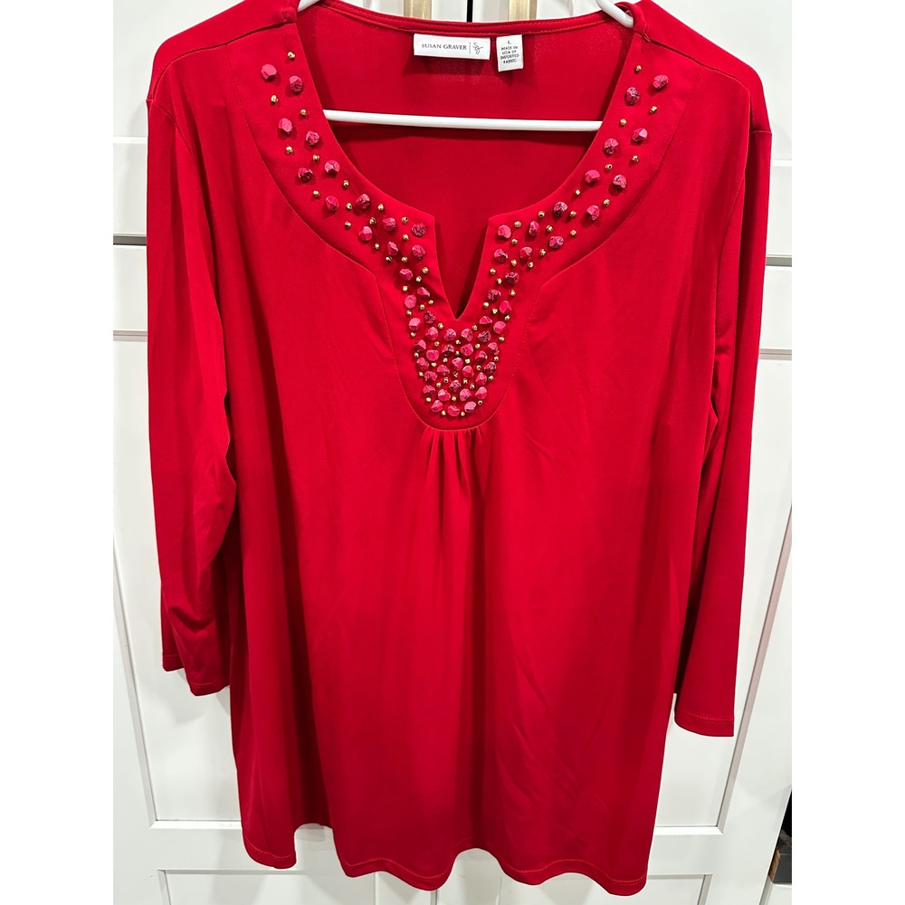Susan Graver Women's Red V-Neck Embellished 3/4 Sleeve‎ Tunic Top Plus Size L